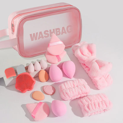 16-piece makeup tool set, including blackhead scraper, bow headband, wrist guard, powder puff, beauty egg, etc. Makeup tools