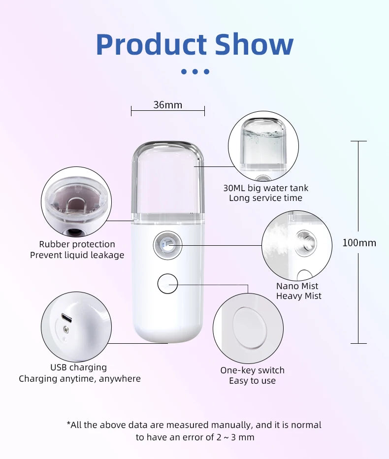 Portable Rechargeable Small Facial Steamer 30ml Mini Humidifier Home Wireless Nano Personal Face Hydrat Sprayer Cool Mist Maker