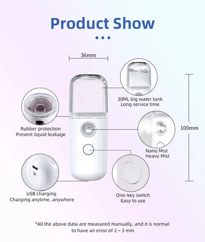 Portable Rechargeable Small Facial Steamer 30ml Mini Humidifier Home Wireless Nano Personal Face Hydrat Sprayer Cool Mist Maker